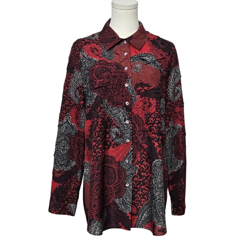 Chico's Shirt Womens 2 Red Paisley Long Sleeve Button Front Rhinestone Tunic Top